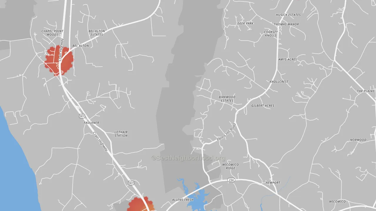 Walk Grade map of Faulkner, MD, walkable areas in green and car-dependent areas in red