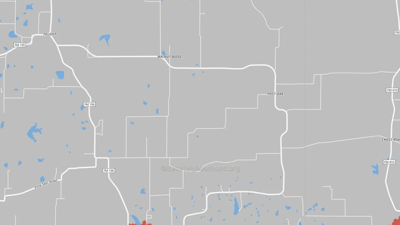 Walk Grade map of Faulkner, TX, walkable areas in green and car-dependent areas in red