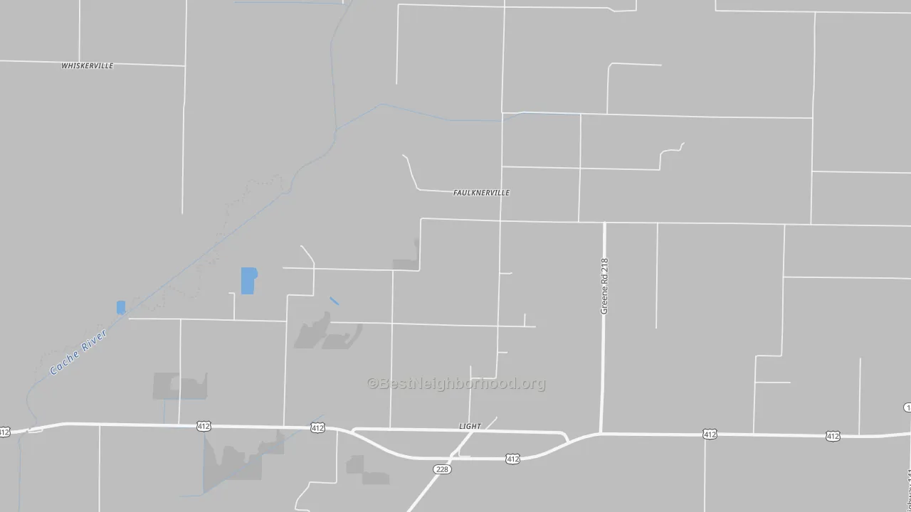 Walk Grade map of Faulknerville, AR, walkable areas in green and car-dependent areas in red