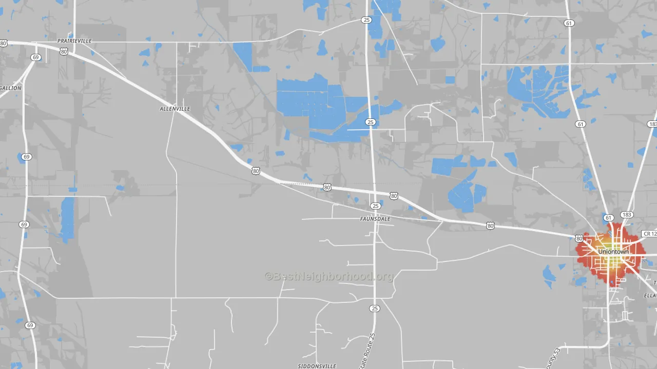 Walk Grade map of Faunsdale, AL, walkable areas in green and car-dependent areas in red