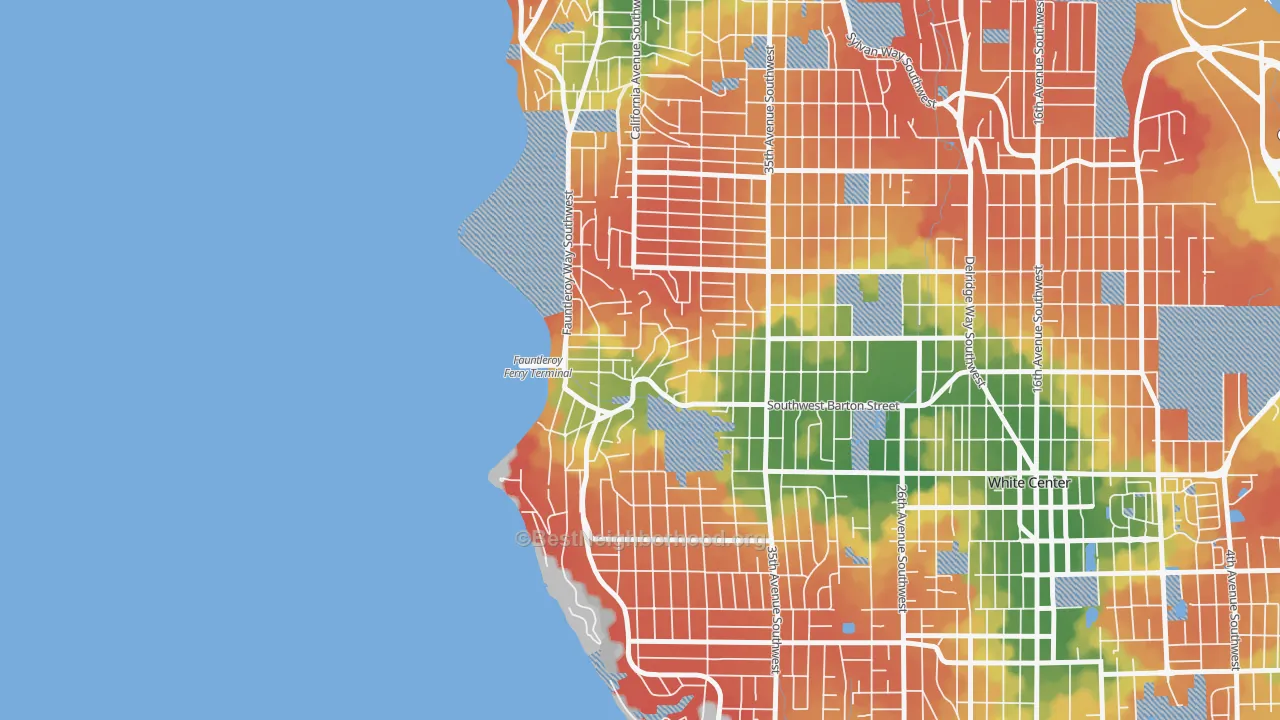 Walk Grade map of Fauntleroy, Seattle, WA, walkable areas in green and car-dependent areas in red