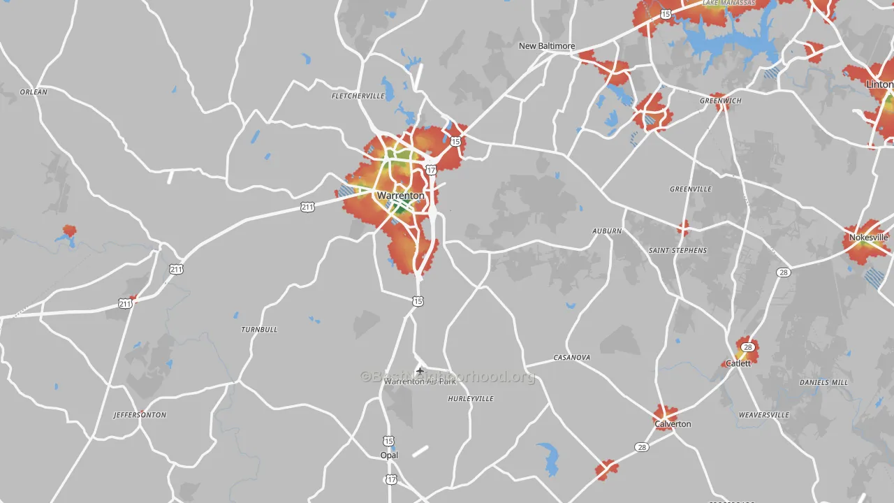 Walk Grade map of Fauquier County, VA, walkable areas in green and car-dependent areas in red