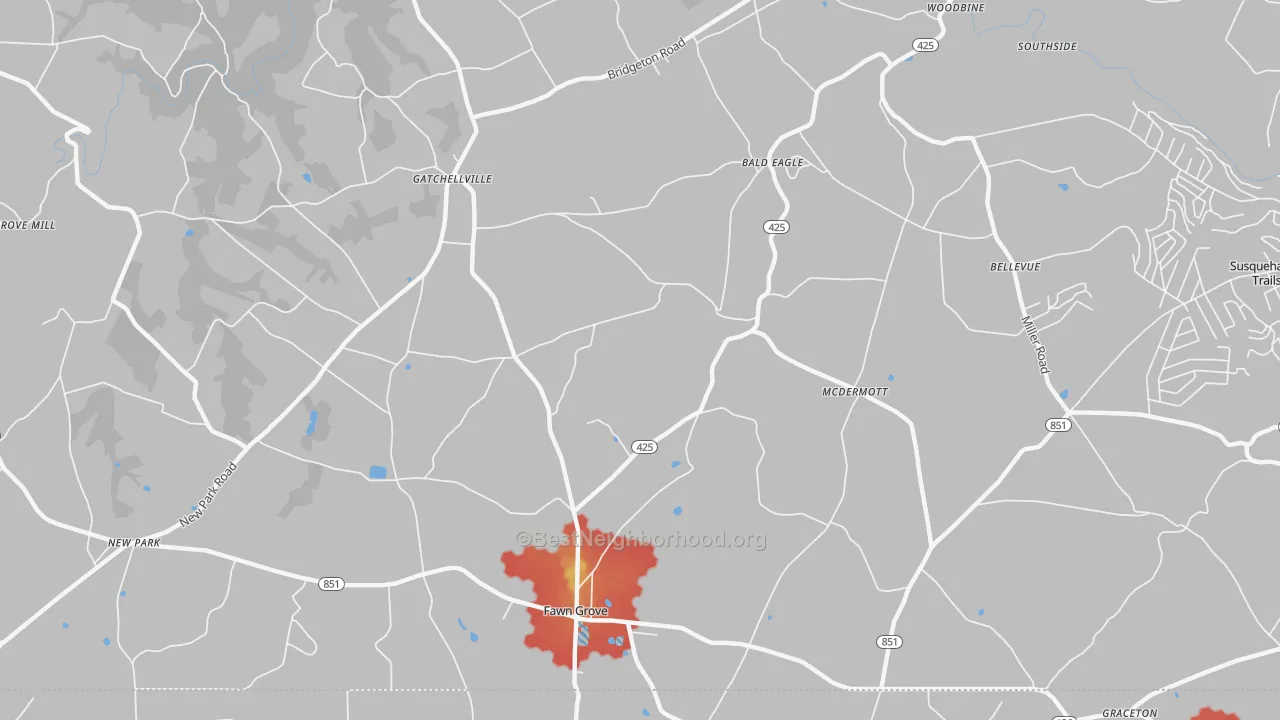 Walk Grade map of Fawn Grove, PA, walkable areas in green and car-dependent areas in red