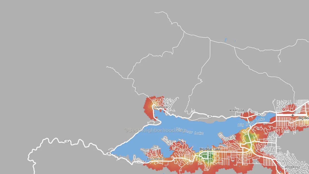 Walk Grade map of Fawnskin, CA, walkable areas in green and car-dependent areas in red