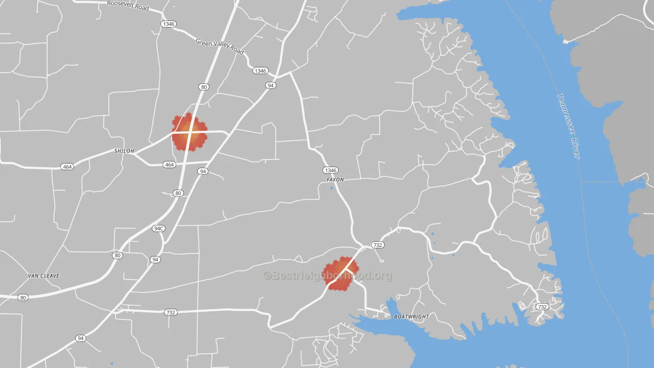 Walk Grade map of Faxon, KY, walkable areas in green and car-dependent areas in red