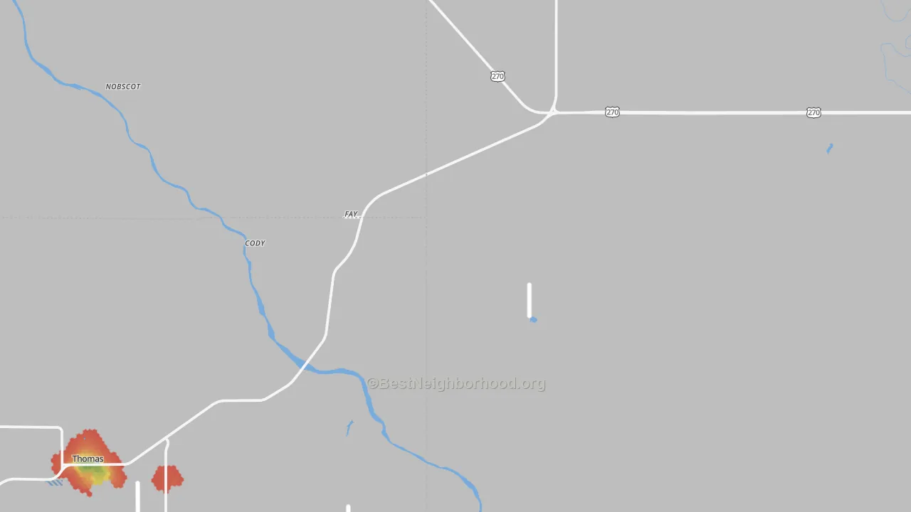 Walk Grade map of Fay, OK, walkable areas in green and car-dependent areas in red