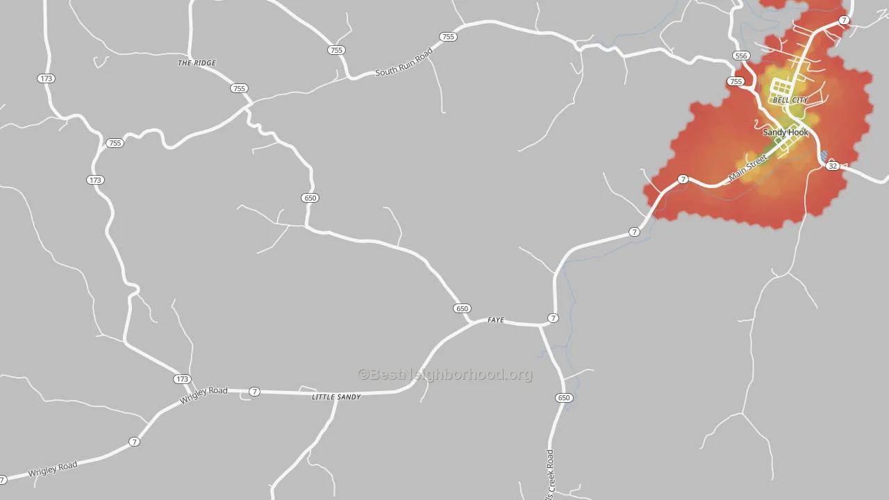 Walk Grade map of Faye, KY, walkable areas in green and car-dependent areas in red