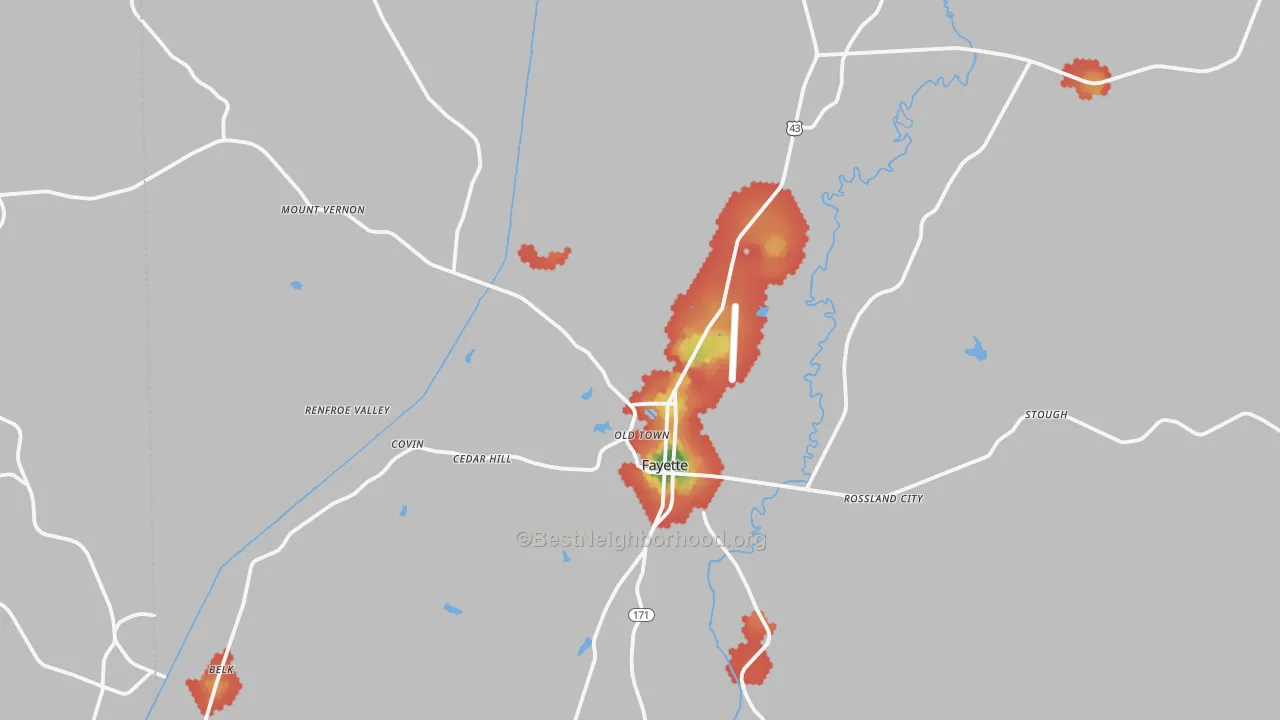 Walk Grade map of Fayette, AL, walkable areas in green and car-dependent areas in red
