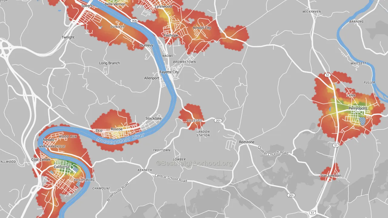 Walk Grade map of Fayette City, PA, walkable areas in green and car-dependent areas in red