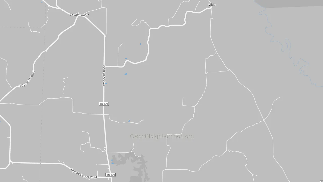Walk Grade map of Fayette Corners, TN, walkable areas in green and car-dependent areas in red