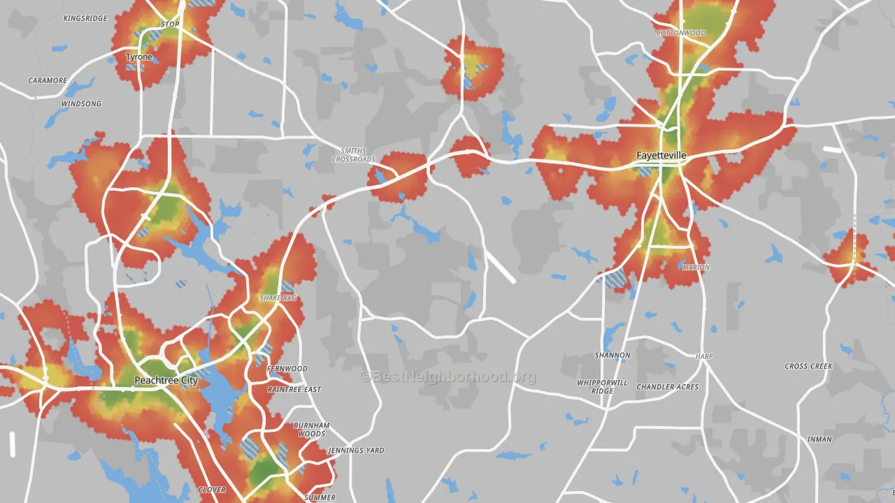 Walk Grade map of Fayette County, GA, walkable areas in green and car-dependent areas in red