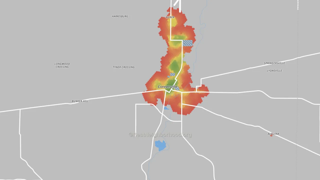 Walk Grade map of Fayette County, IN, walkable areas in green and car-dependent areas in red
