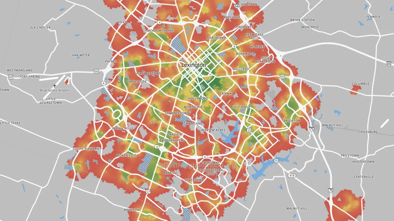 Walk Grade map of Fayette County, KY, walkable areas in green and car-dependent areas in red