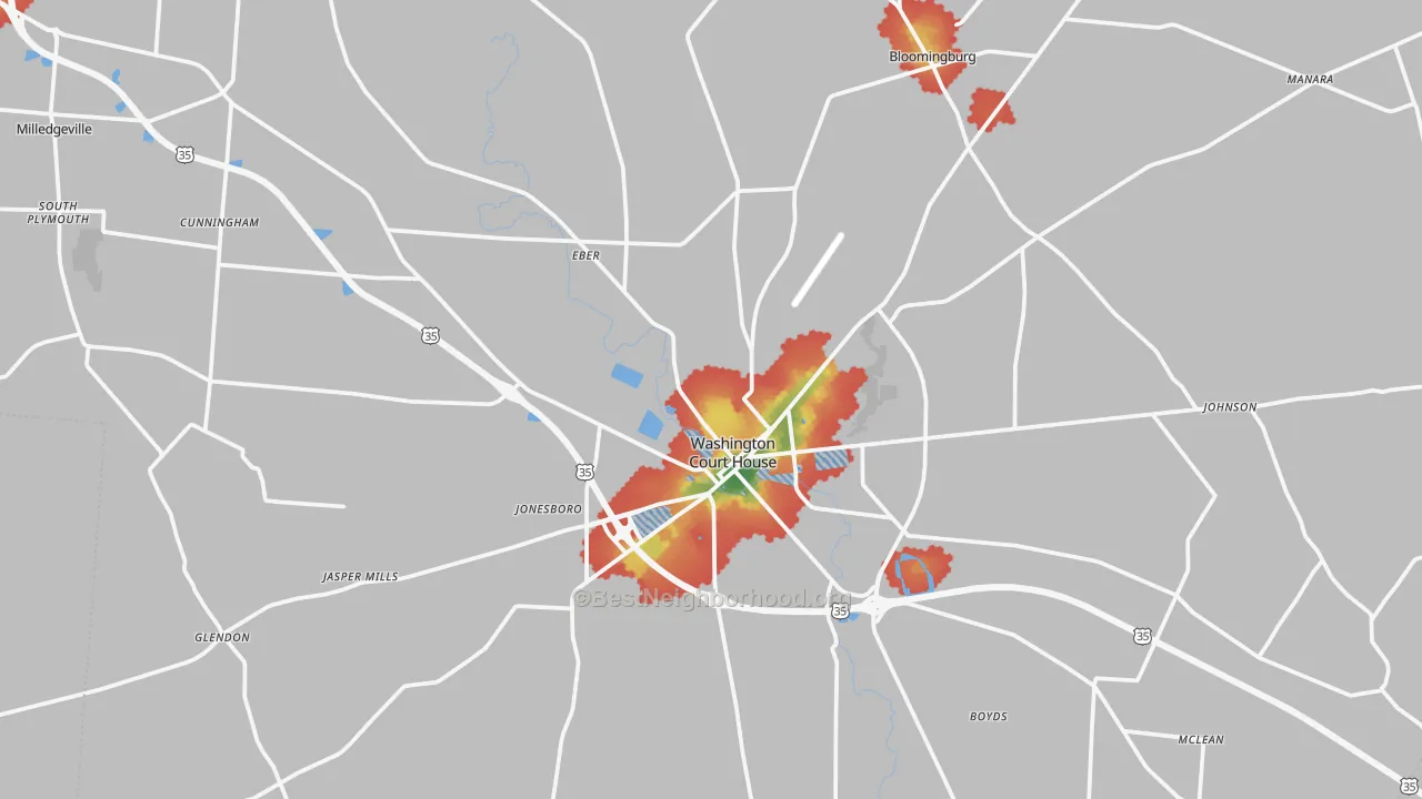 Walk Grade map of Fayette County, OH, walkable areas in green and car-dependent areas in red