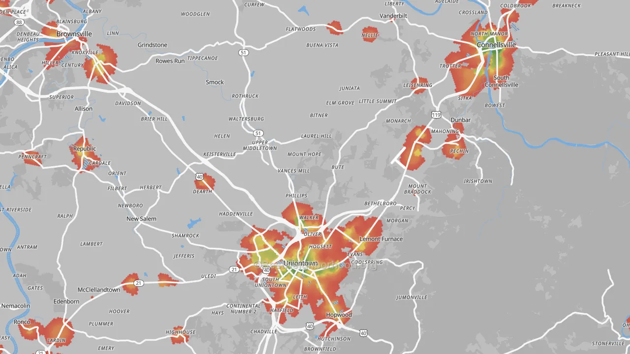Walk Grade map of Fayette County, PA, walkable areas in green and car-dependent areas in red