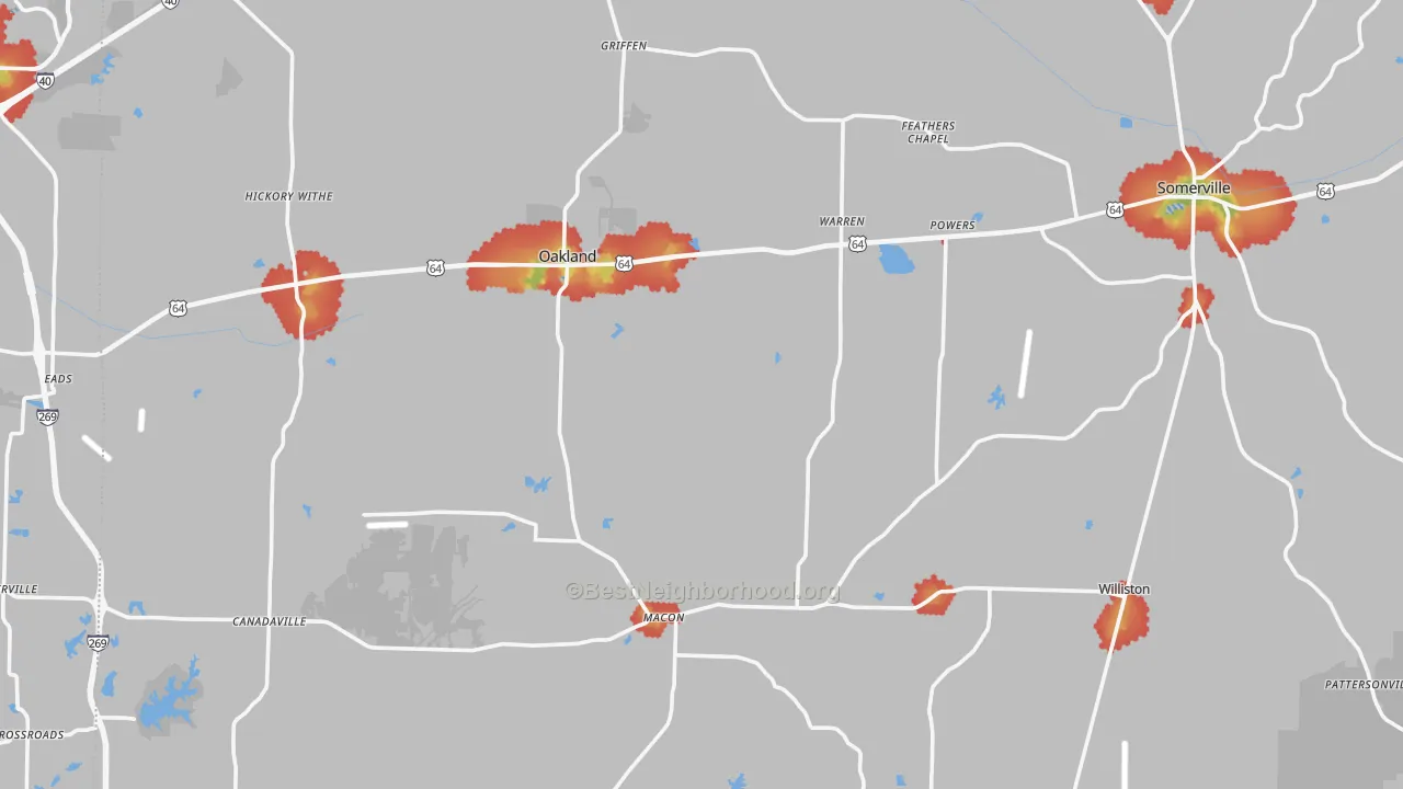 Walk Grade map of Fayette County, TN, walkable areas in green and car-dependent areas in red