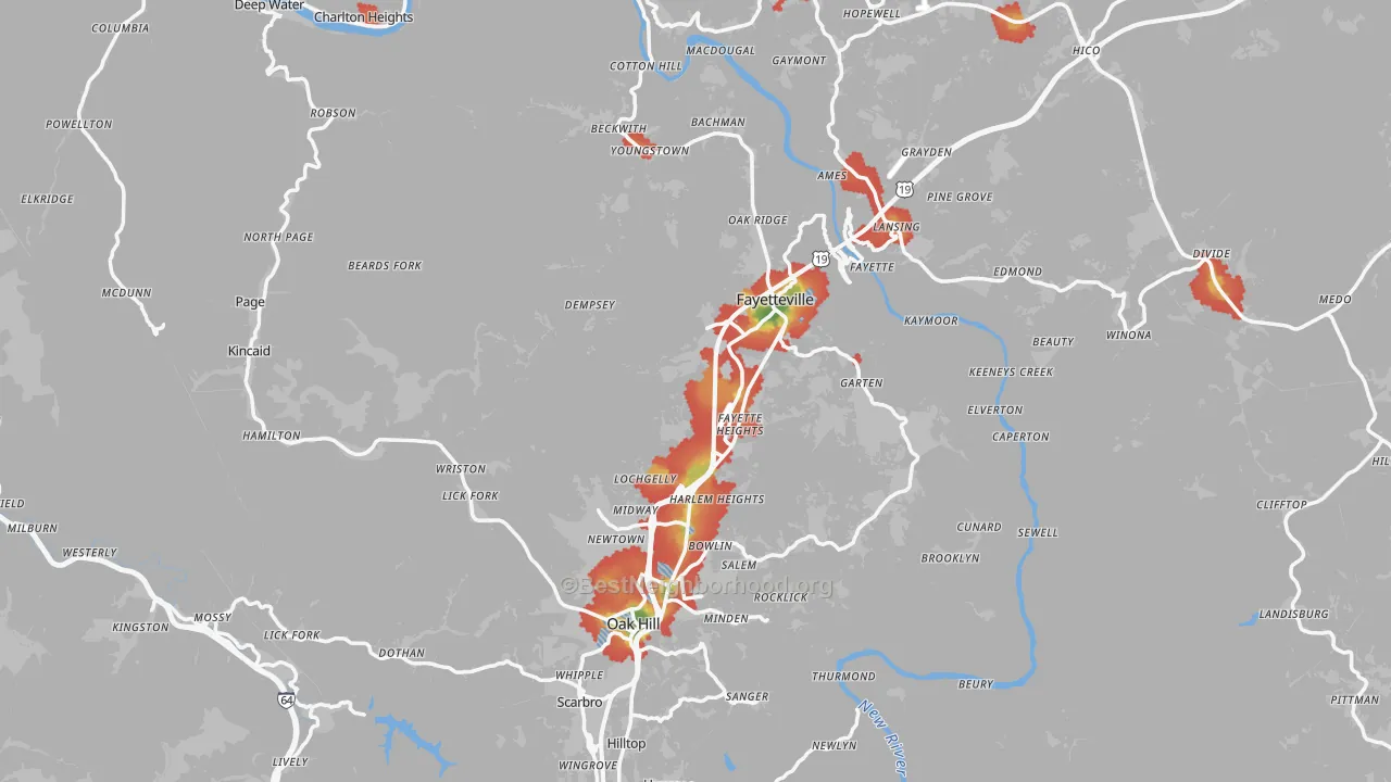 Walk Grade map of Fayette County, WV, walkable areas in green and car-dependent areas in red