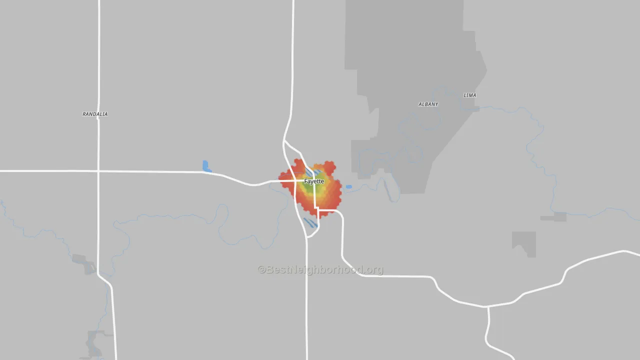 Walk Grade map of Fayette, IA, walkable areas in green and car-dependent areas in red