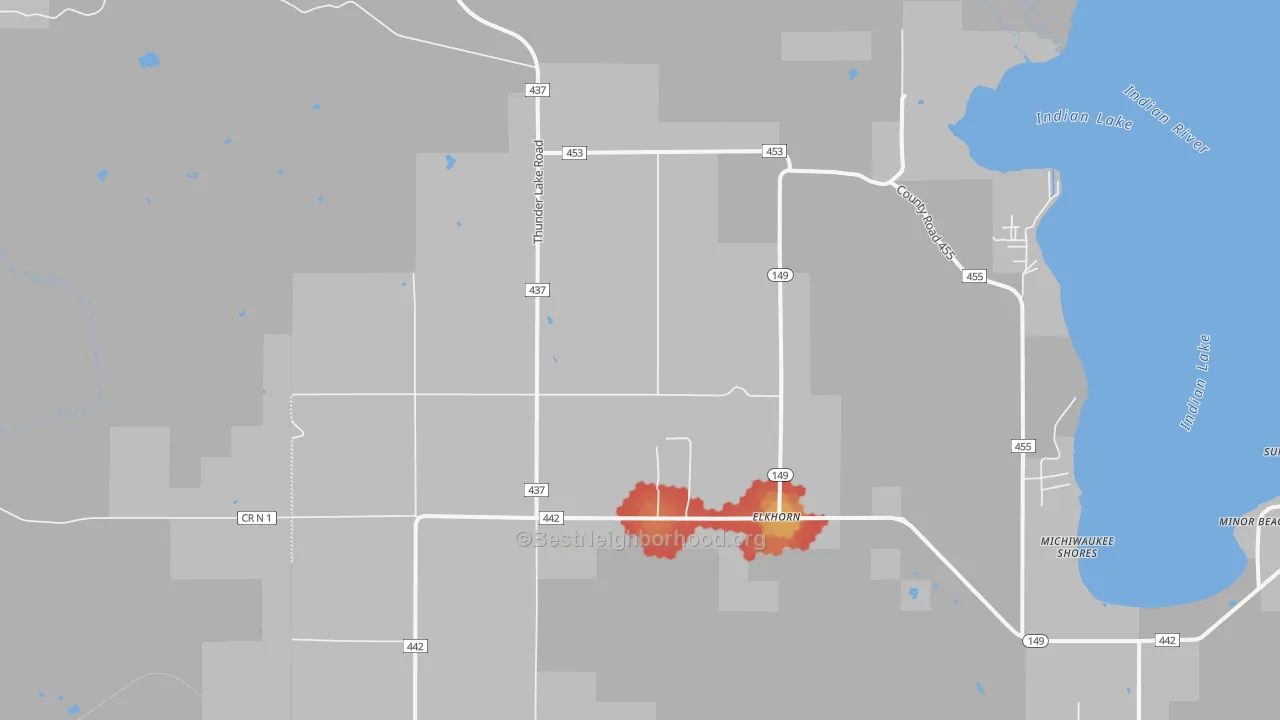 Walk Grade map of Fayette, MI, walkable areas in green and car-dependent areas in red