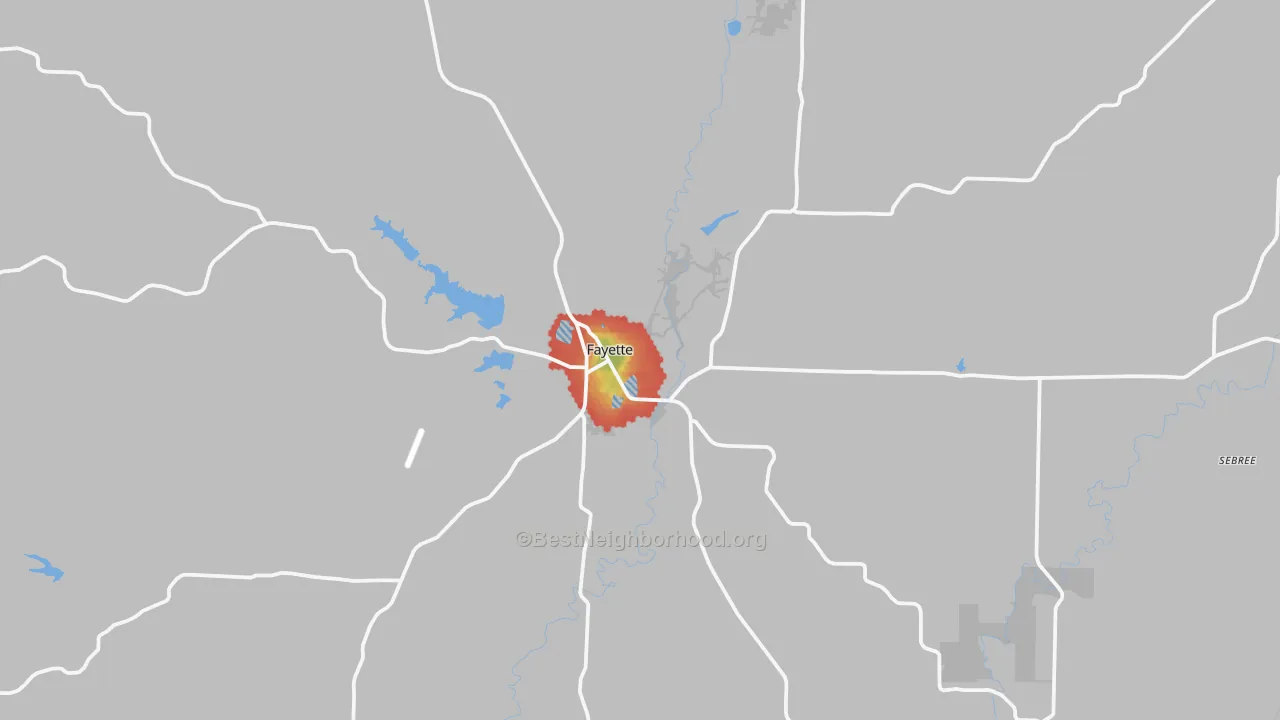 Walk Grade map of Fayette, MO, walkable areas in green and car-dependent areas in red