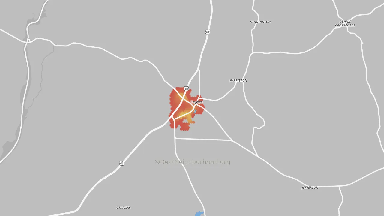 Walk Grade map of Fayette, MS, walkable areas in green and car-dependent areas in red