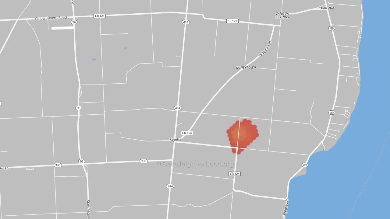 Walk Grade map of Fayette, NY, walkable areas in green and car-dependent areas in red