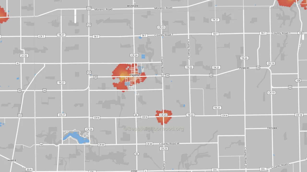 Walk Grade map of Fayette, OH, walkable areas in green and car-dependent areas in red