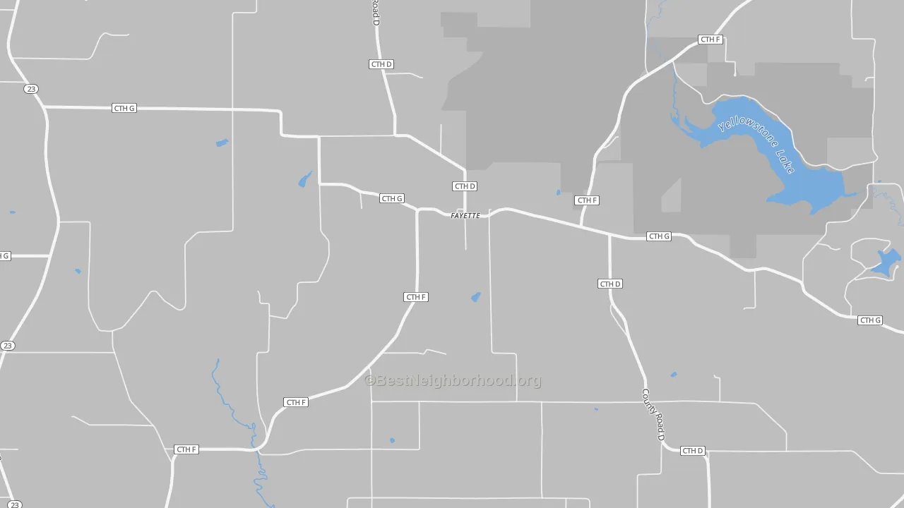 Walk Grade map of Fayette, WI, walkable areas in green and car-dependent areas in red