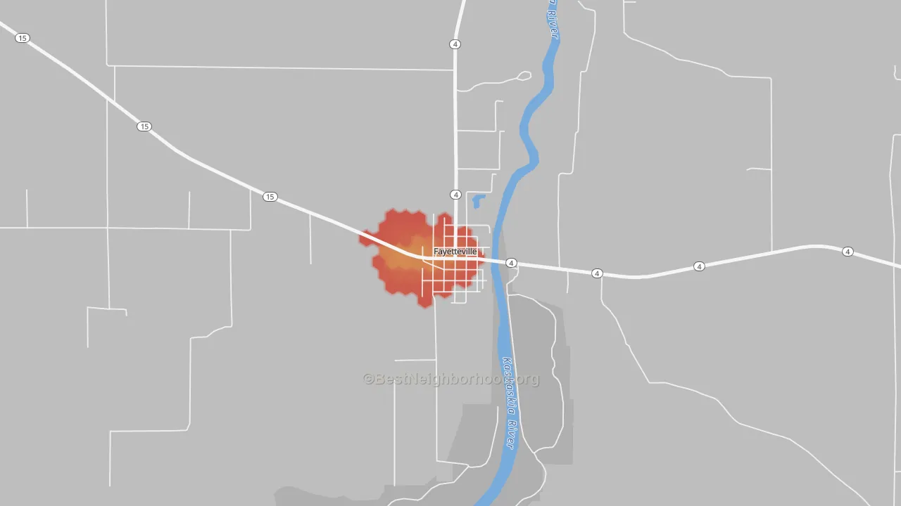 Walk Grade map of Fayetteville, IL, walkable areas in green and car-dependent areas in red