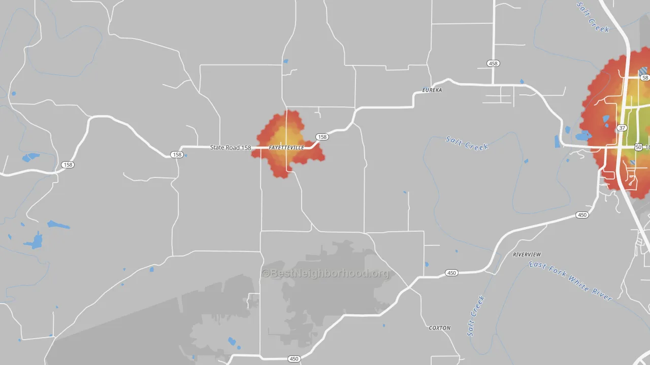 Walk Grade map of Fayetteville, IN, walkable areas in green and car-dependent areas in red