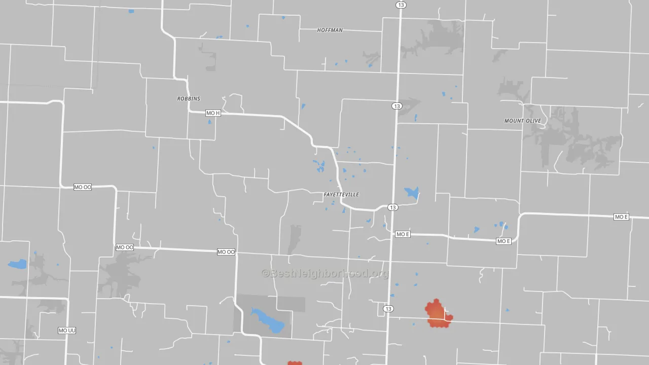 Walk Grade map of Fayetteville, MO, walkable areas in green and car-dependent areas in red