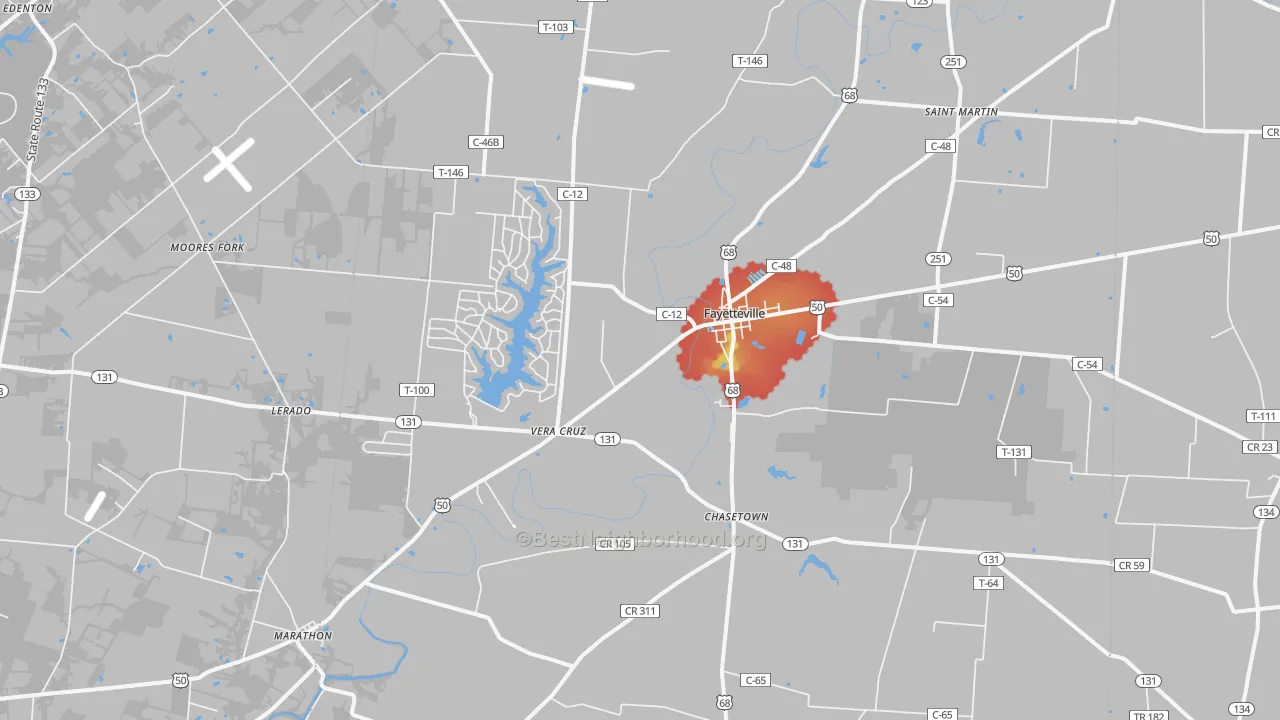 Walk Grade map of Fayetteville, OH, walkable areas in green and car-dependent areas in red