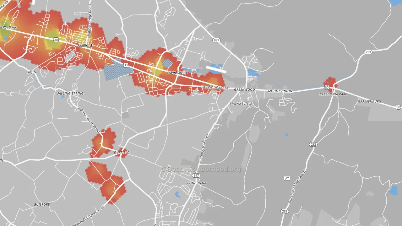 Walk Grade map of Fayetteville, PA, walkable areas in green and car-dependent areas in red