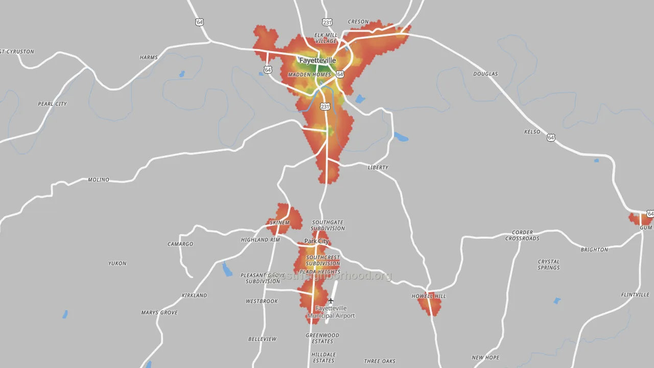Walk Grade map of Fayetteville, TN, walkable areas in green and car-dependent areas in red