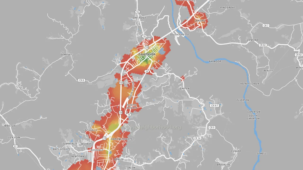 Walk Grade map of Fayetteville, WV, walkable areas in green and car-dependent areas in red