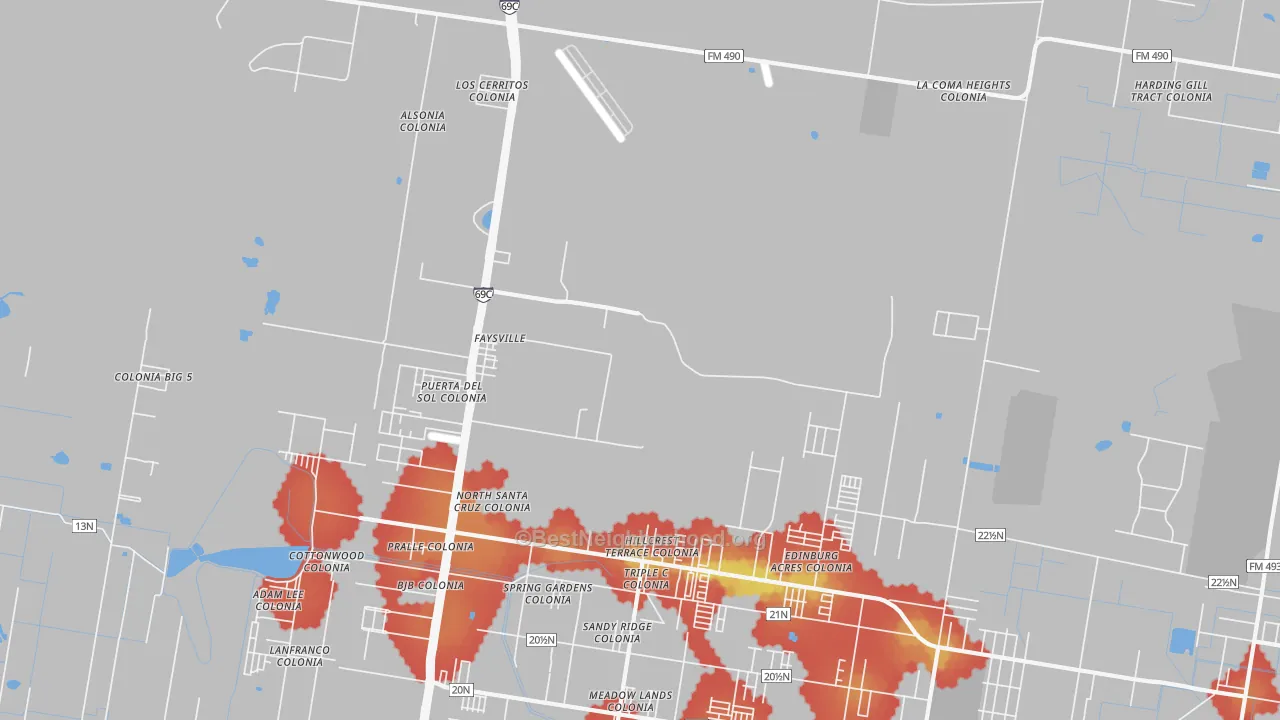 Walk Grade map of Faysville, TX, walkable areas in green and car-dependent areas in red