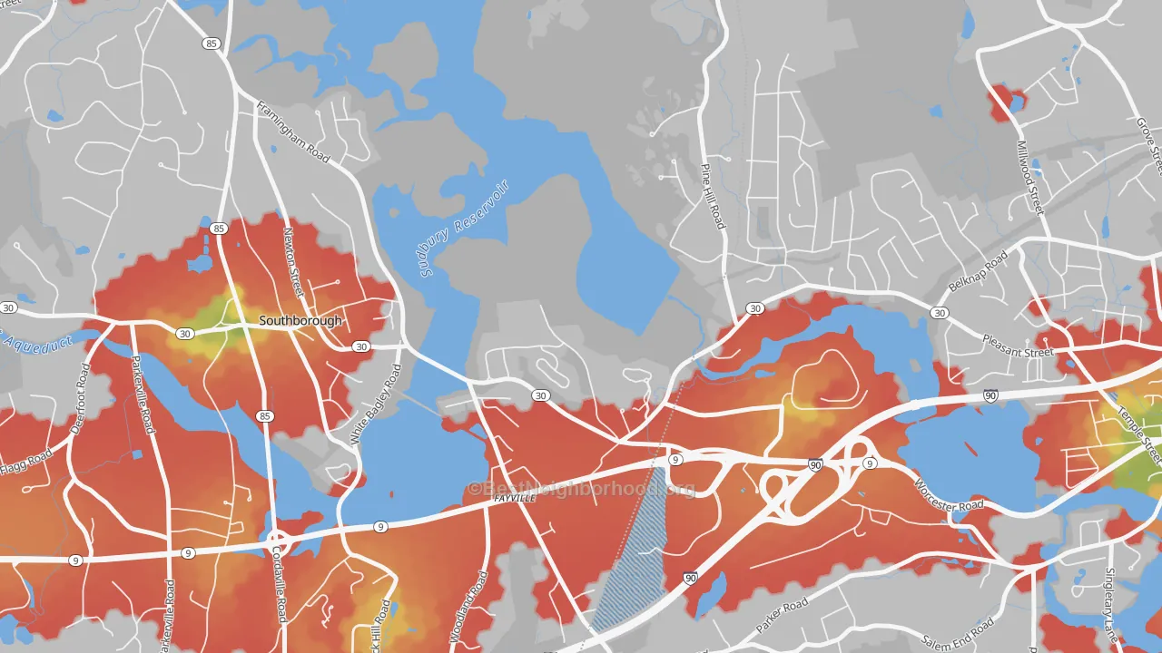 Walk Grade map of Fayville, MA, walkable areas in green and car-dependent areas in red