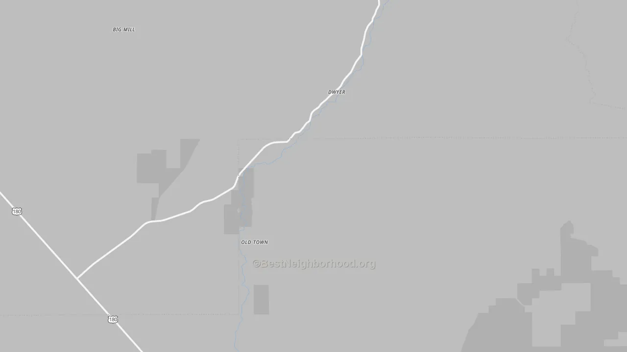 Walk Grade map of Faywood, NM, walkable areas in green and car-dependent areas in red