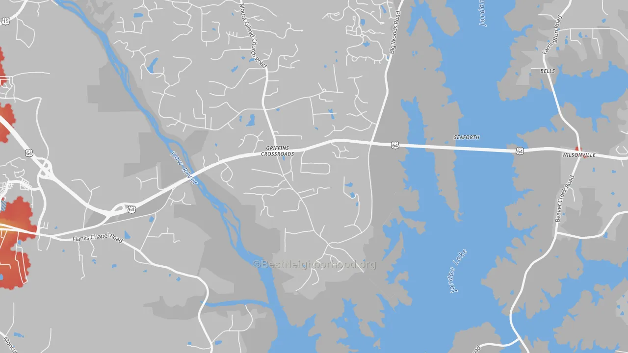 Walk Grade map of Fearrington, NC, walkable areas in green and car-dependent areas in red