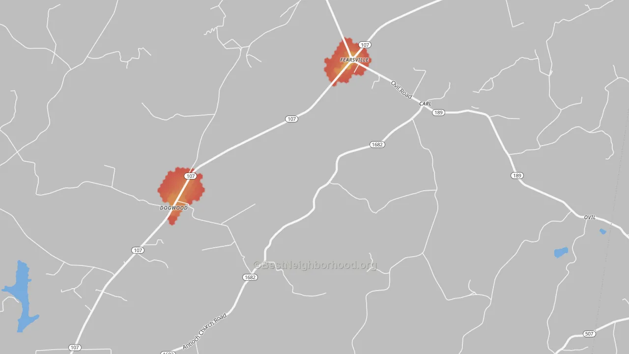 Walk Grade map of Fearsville, KY, walkable areas in green and car-dependent areas in red