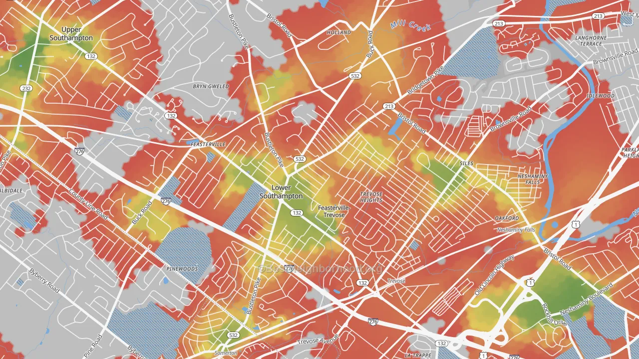 Walk Grade map of Feasterville, Feasterville-Trevose, PA, walkable areas in green and car-dependent areas in red