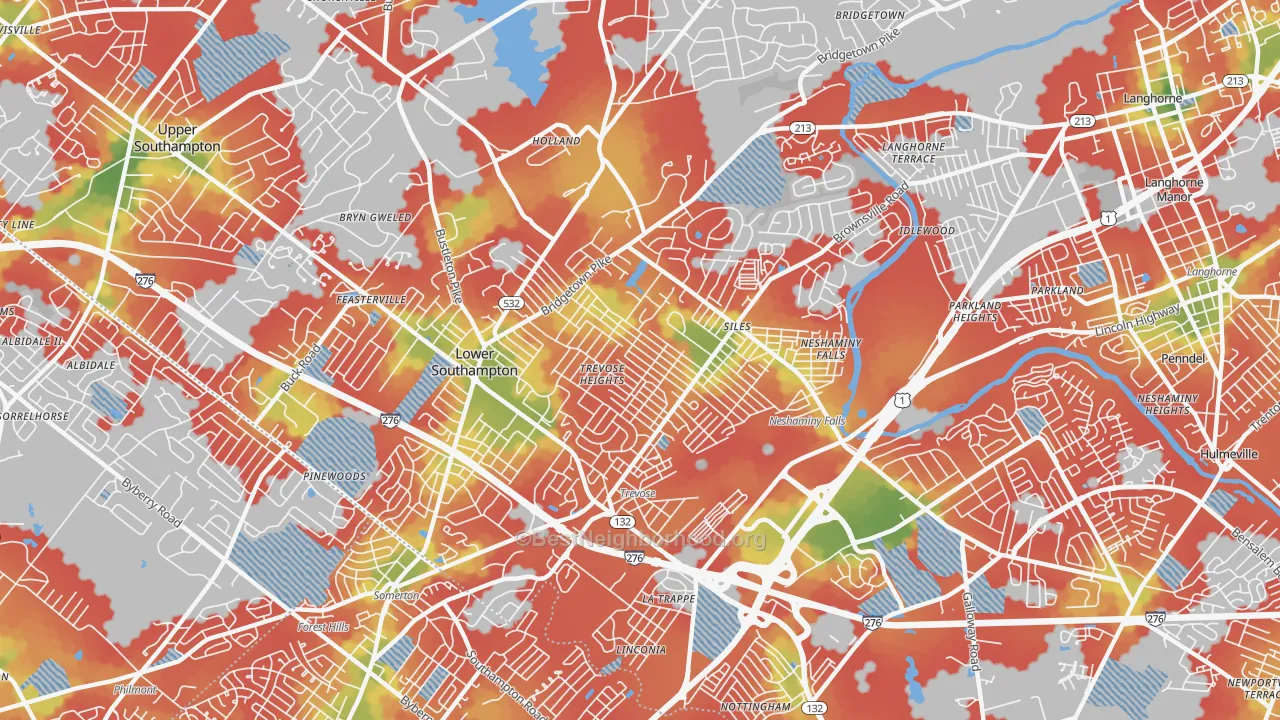 Walk Grade map of Feasterville-Trevose, PA, walkable areas in green and car-dependent areas in red