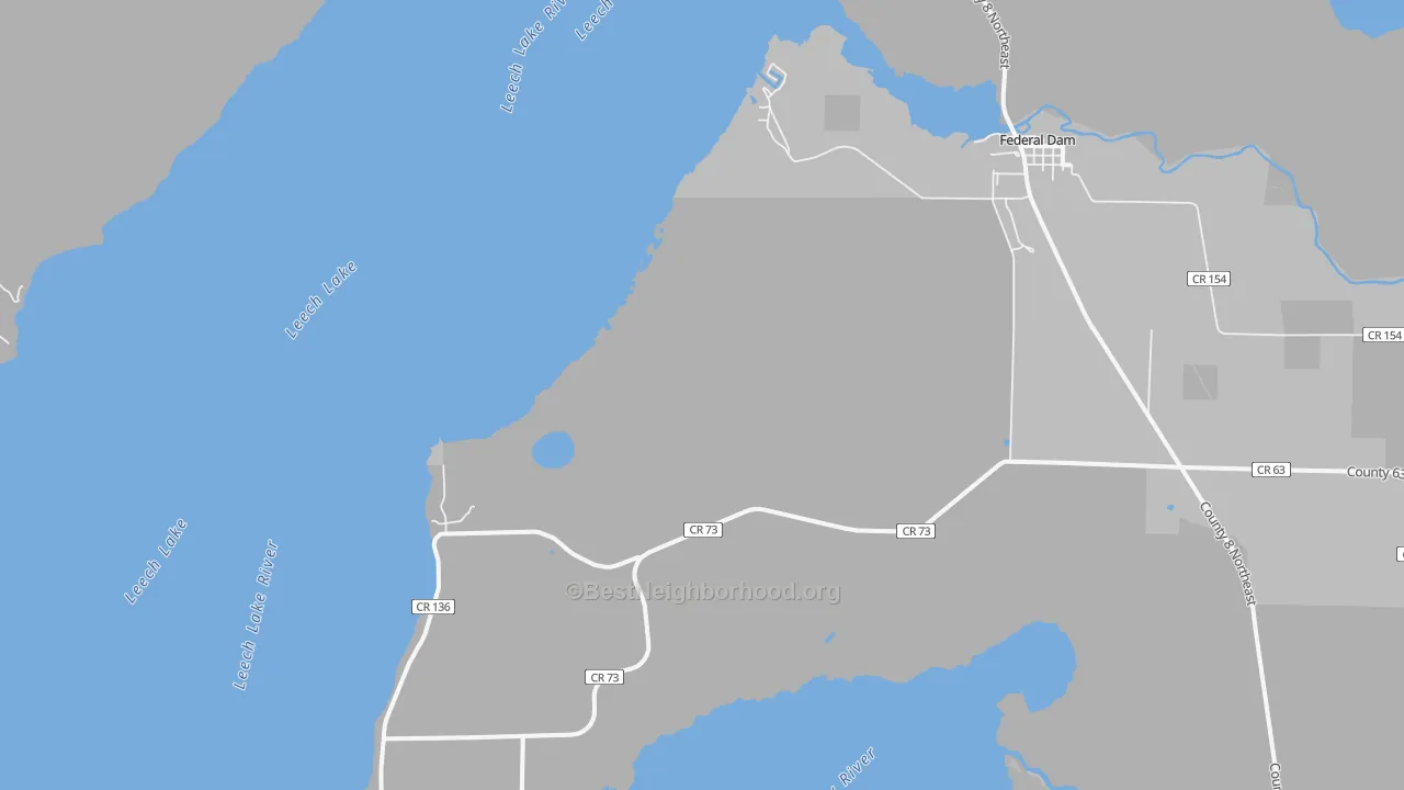 Walk Grade map of Federal Dam, MN, walkable areas in green and car-dependent areas in red