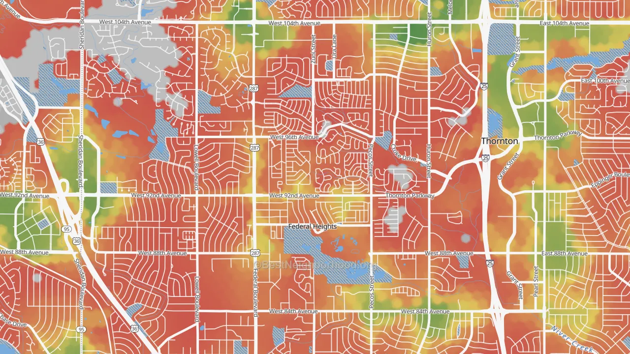 Walk Grade map of Federal Heights, CO, walkable areas in green and car-dependent areas in red