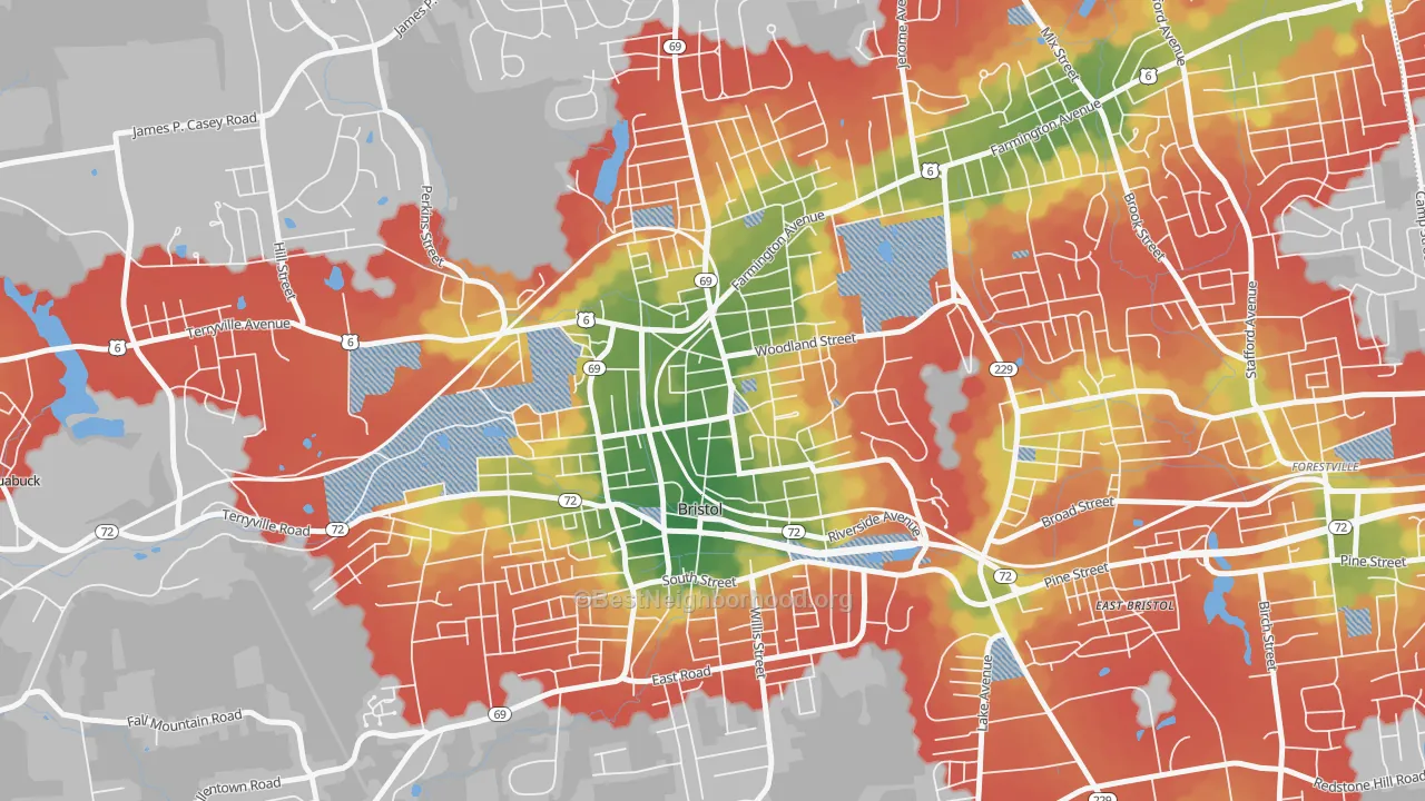 Walk Grade map of Federal Hill Historic District, Bristol, CT, walkable areas in green and car-dependent areas in red