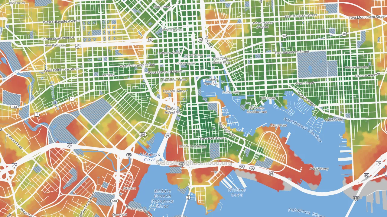 Walk Grade map of Federal Hill-Montgomery, Baltimore, MD, walkable areas in green and car-dependent areas in red