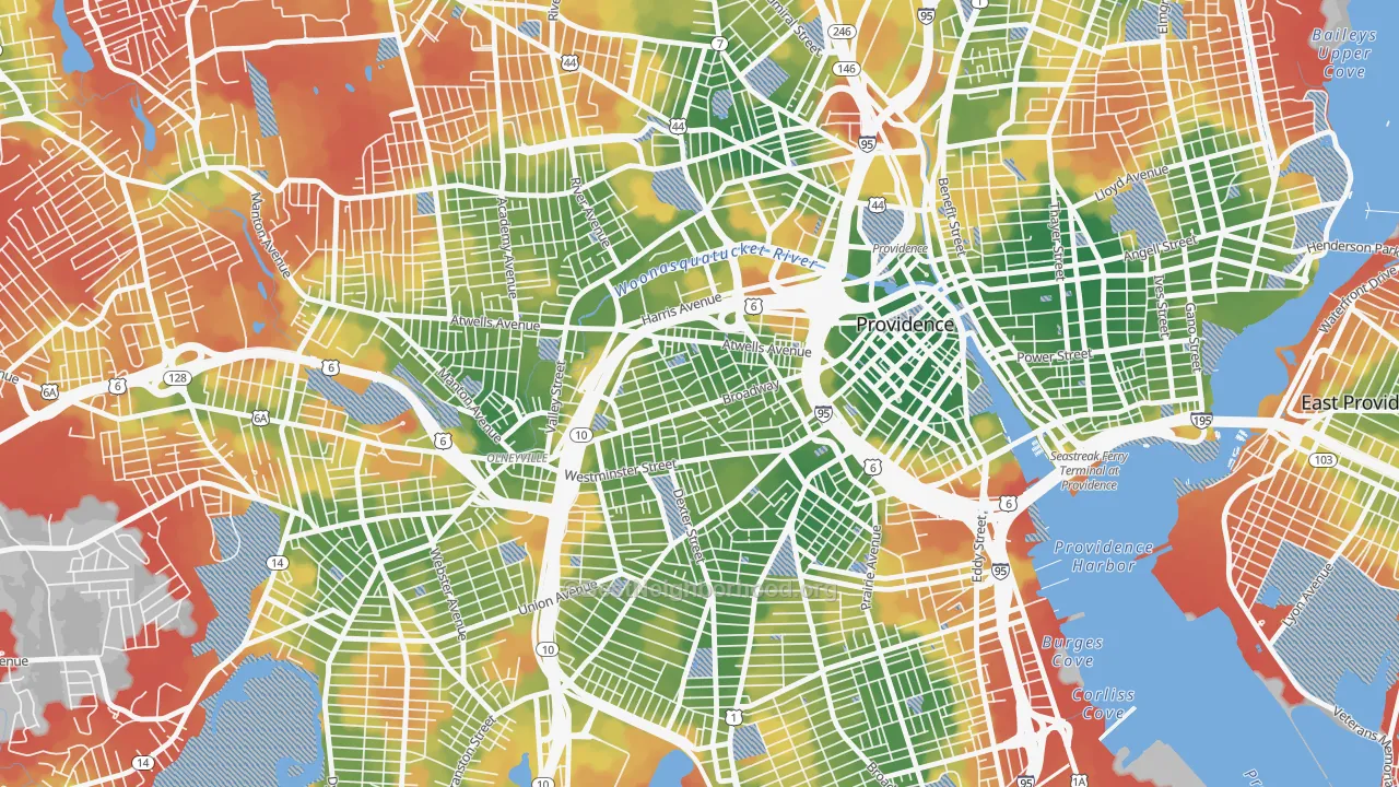 Walk Grade map of Federal Hill, Providence, RI, walkable areas in green and car-dependent areas in red