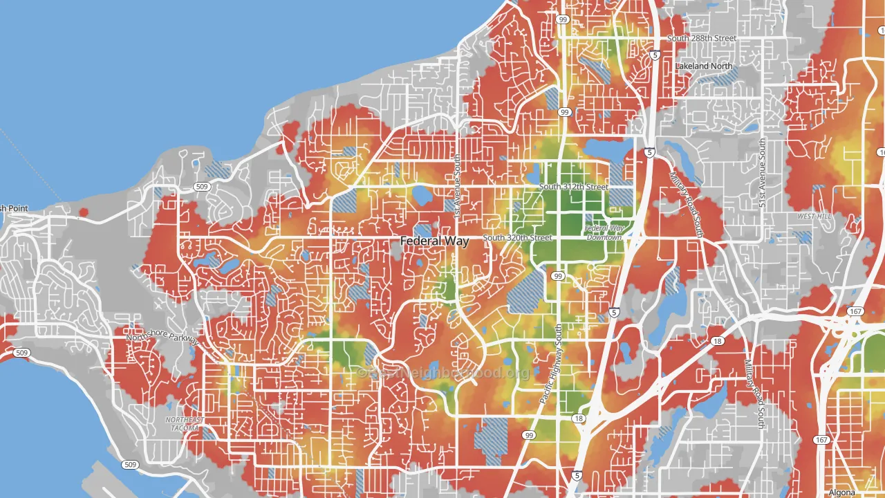 Walk Grade map of Federal Way, WA, walkable areas in green and car-dependent areas in red