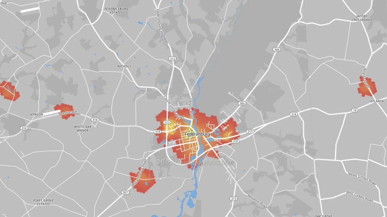 Walk Grade map of Federalsburg, MD, walkable areas in green and car-dependent areas in red