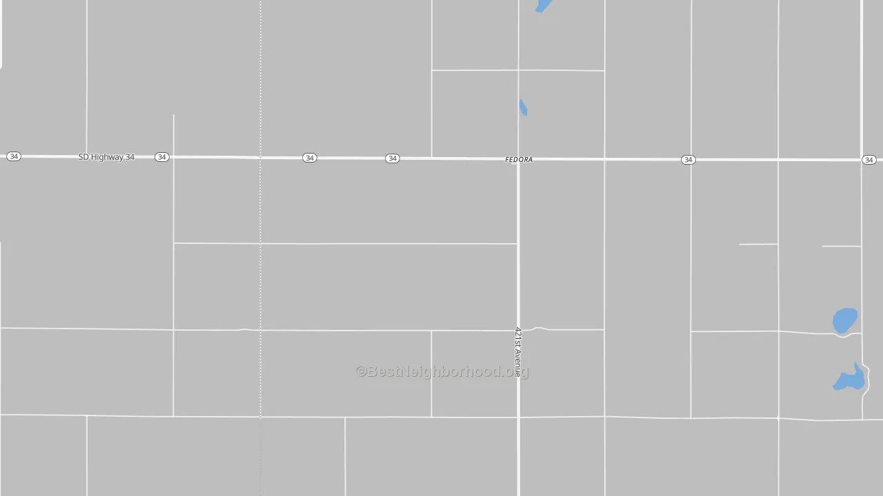 Walk Grade map of Fedora, SD, walkable areas in green and car-dependent areas in red